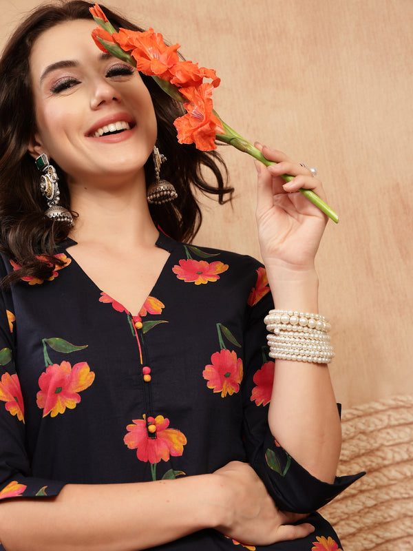 Gulmohar Jaipur Cotton Calf Length Printed 3/4 Sleeve V-Neck Straight Kurta