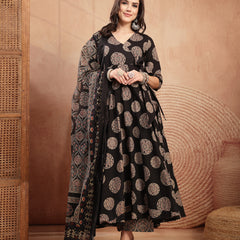 Gulmohar Jaipur Cotton Calf Length Printed 3/4 Sleeve V-Neck Anarkali Kurta Suit Set