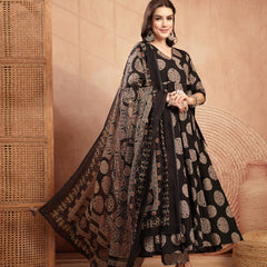 Gulmohar Jaipur Cotton Calf Length Printed 3/4 Sleeve V-Neck Anarkali Kurta Suit Set