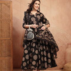 Gulmohar Jaipur Cotton Calf Length Printed 3/4 Sleeve V-Neck Anarkali Kurta Suit Set