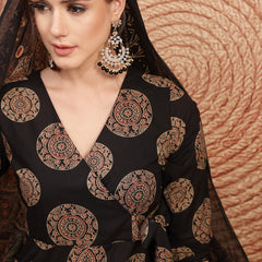 Gulmohar Jaipur Cotton Calf Length Printed 3/4 Sleeve V-Neck Anarkali Kurta Suit Set