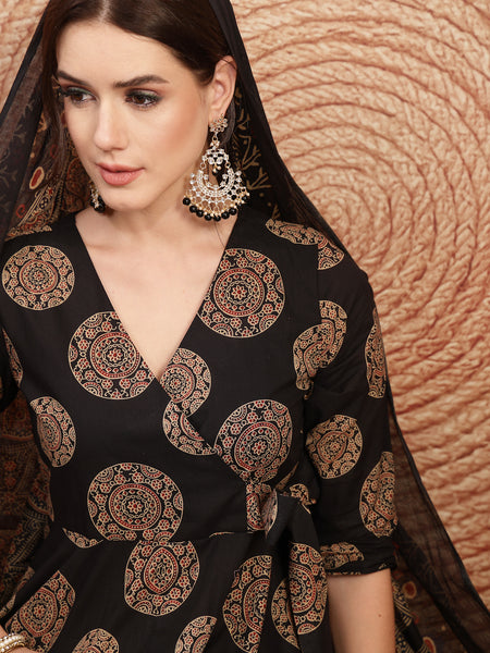 Gulmohar Jaipur Cotton Calf Length Printed 3/4 Sleeve V-Neck Anarkali Kurta Suit Set