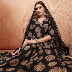 Gulmohar Jaipur Cotton Calf Length Printed 3/4 Sleeve V-Neck Anarkali Kurta Suit Set