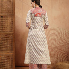 Gulmohar Jaipur Rayon Calf Length Printed 3/4 Sleeve Mandarin Collar A-Line Kurta Suit Set