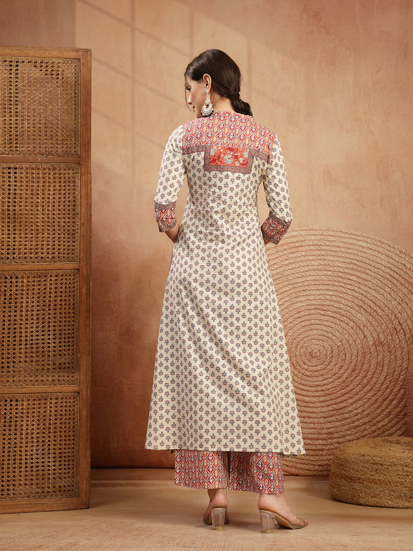 Gulmohar Jaipur Rayon Calf Length Printed 3/4 Sleeve Mandarin Collar A-Line Kurta Suit Set