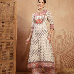 Gulmohar Jaipur Rayon Calf Length Printed 3/4 Sleeve Mandarin Collar A-Line Kurta Suit Set