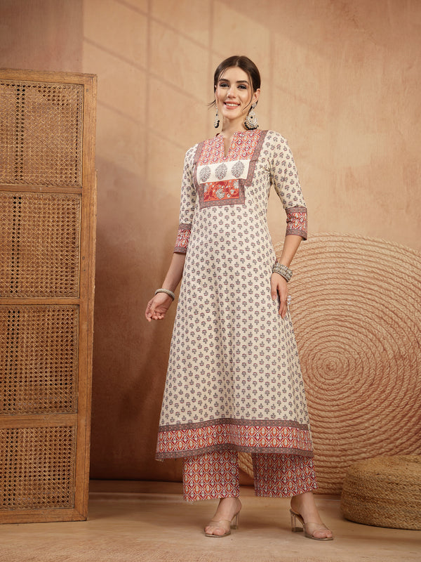 Gulmohar Jaipur Rayon Calf Length Printed 3/4 Sleeve Mandarin Collar A-Line Kurta Suit Set