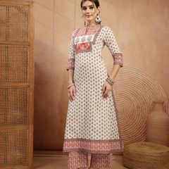Gulmohar Jaipur Rayon Calf Length Printed 3/4 Sleeve Mandarin Collar A-Line Kurta Suit Set