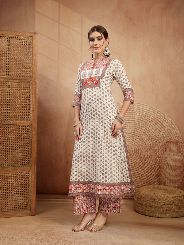 Gulmohar Jaipur Rayon Calf Length Printed 3/4 Sleeve Mandarin Collar A-Line Kurta Suit Set