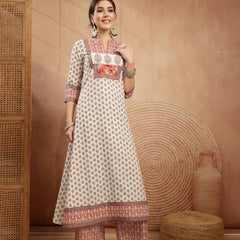 Gulmohar Jaipur Rayon Calf Length Printed 3/4 Sleeve Mandarin Collar A-Line Kurta Suit Set