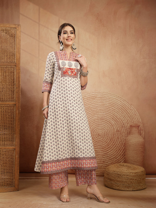 Gulmohar Jaipur Rayon Calf Length Printed 3/4 Sleeve Mandarin Collar A-Line Kurta Suit Set