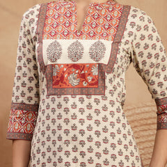 Gulmohar Jaipur Rayon Calf Length Printed 3/4 Sleeve Mandarin Collar A-Line Kurta Suit Set