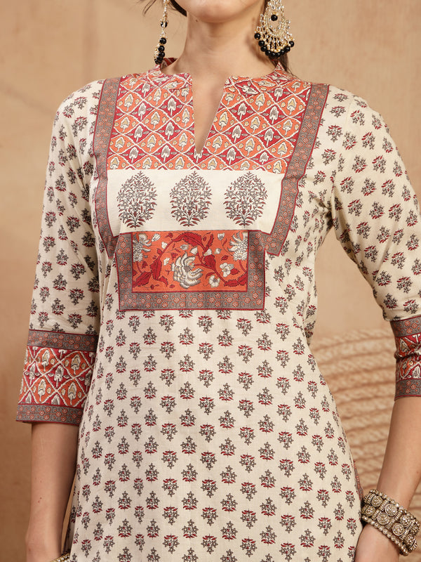 Gulmohar Jaipur Rayon Calf Length Printed 3/4 Sleeve Mandarin Collar A-Line Kurta Suit Set