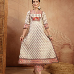 Gulmohar Jaipur Rayon Calf Length Printed 3/4 Sleeve Mandarin Collar A-Line Kurta Suit Set