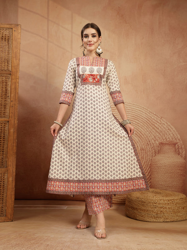 Gulmohar Jaipur Rayon Calf Length Printed 3/4 Sleeve Mandarin Collar A-Line Kurta Suit Set