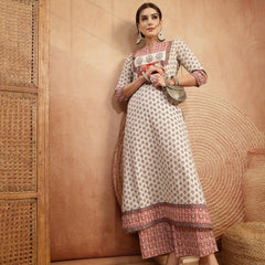 Gulmohar Jaipur Rayon Calf Length Printed 3/4 Sleeve Mandarin Collar A-Line Kurta Suit Set
