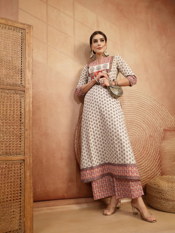 Gulmohar Jaipur Rayon Calf Length Printed 3/4 Sleeve Mandarin Collar A-Line Kurta Suit Set