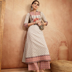 Gulmohar Jaipur Rayon Calf Length Printed 3/4 Sleeve Mandarin Collar A-Line Kurta Suit Set