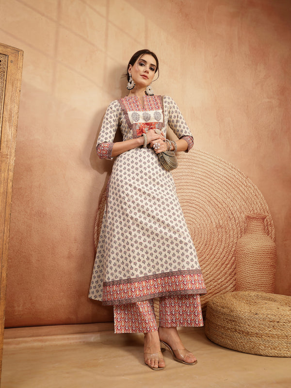 Gulmohar Jaipur Rayon Calf Length Printed 3/4 Sleeve Mandarin Collar A-Line Kurta Suit Set