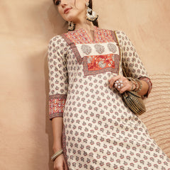 Gulmohar Jaipur Rayon Calf Length Printed 3/4 Sleeve Mandarin Collar A-Line Kurta Suit Set