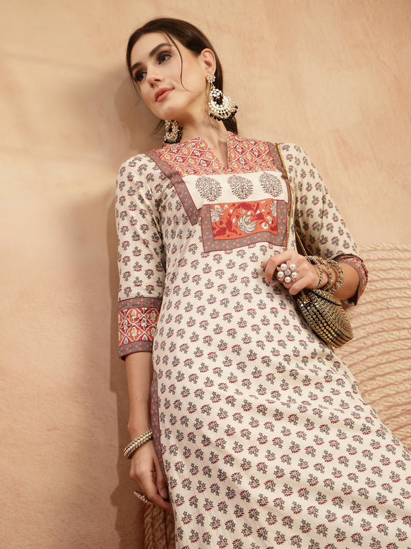 Gulmohar Jaipur Rayon Calf Length Printed 3/4 Sleeve Mandarin Collar A-Line Kurta Suit Set