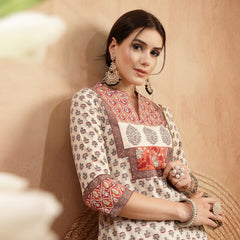 Gulmohar Jaipur Rayon Calf Length Printed 3/4 Sleeve Mandarin Collar A-Line Kurta Suit Set