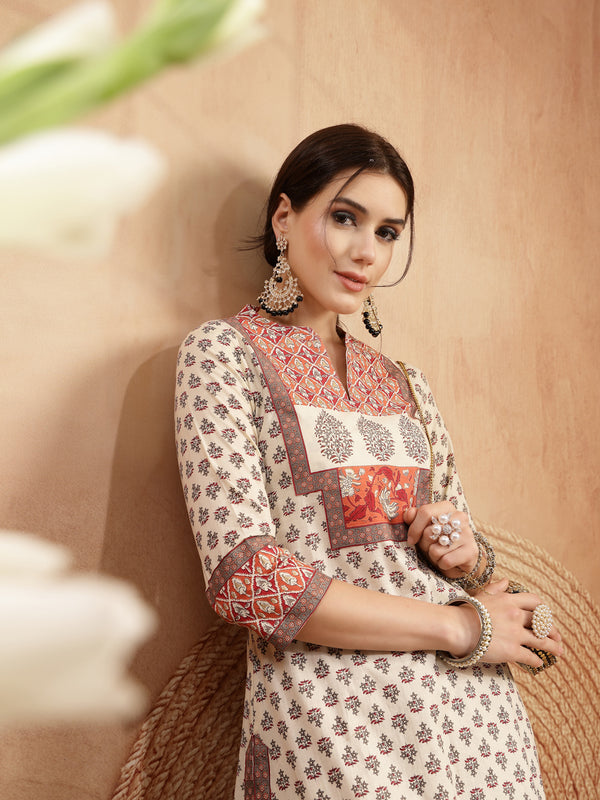 Gulmohar Jaipur Rayon Calf Length Printed 3/4 Sleeve Mandarin Collar A-Line Kurta Suit Set