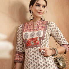 Gulmohar Jaipur Rayon Calf Length Printed 3/4 Sleeve Mandarin Collar A-Line Kurta Suit Set
