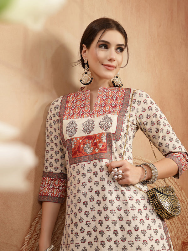 Gulmohar Jaipur Rayon Calf Length Printed 3/4 Sleeve Mandarin Collar A-Line Kurta Suit Set