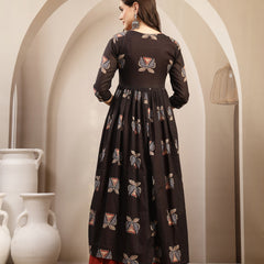 Gulmohar Jaipur Cotton Calf Length Printed 3/4 Sleeve Round Neck Flared Kurta