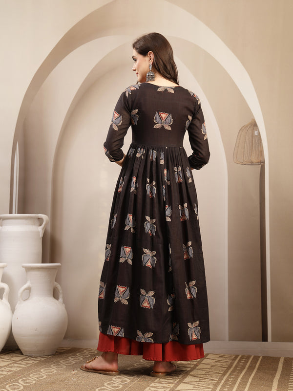 Gulmohar Jaipur Cotton Calf Length Printed 3/4 Sleeve Round Neck Flared Kurta