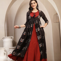 Gulmohar Jaipur Cotton Calf Length Printed 3/4 Sleeve Round Neck Flared Kurta