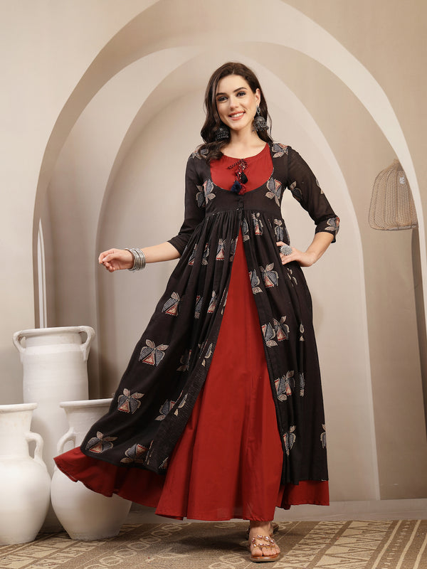 Gulmohar Jaipur Cotton Calf Length Printed 3/4 Sleeve Round Neck Flared Kurta