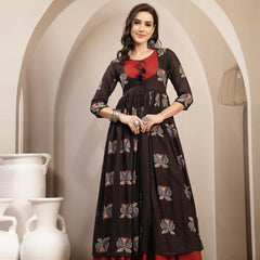 Gulmohar Jaipur Cotton Calf Length Printed 3/4 Sleeve Round Neck Flared Kurta