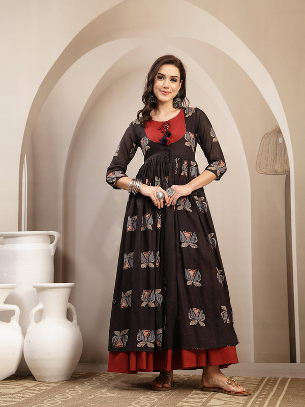 Gulmohar Jaipur Cotton Calf Length Printed 3/4 Sleeve Round Neck Flared Kurta
