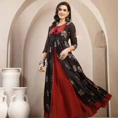 Gulmohar Jaipur Cotton Calf Length Printed 3/4 Sleeve Round Neck Flared Kurta