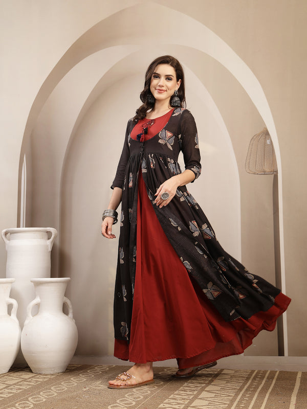 Gulmohar Jaipur Cotton Calf Length Printed 3/4 Sleeve Round Neck Flared Kurta