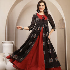 Gulmohar Jaipur Cotton Calf Length Printed 3/4 Sleeve Round Neck Flared Kurta