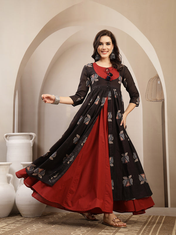 Gulmohar Jaipur Cotton Calf Length Printed 3/4 Sleeve Round Neck Flared Kurta