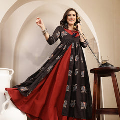 Gulmohar Jaipur Cotton Calf Length Printed 3/4 Sleeve Round Neck Flared Kurta