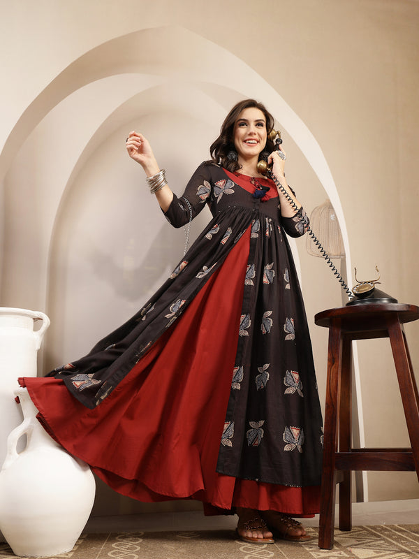 Gulmohar Jaipur Cotton Calf Length Printed 3/4 Sleeve Round Neck Flared Kurta