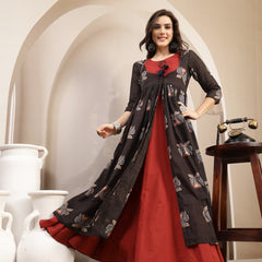 Gulmohar Jaipur Cotton Calf Length Printed 3/4 Sleeve Round Neck Flared Kurta