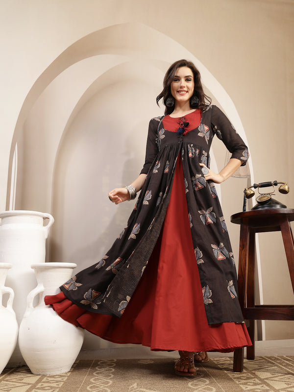 Gulmohar Jaipur Cotton Calf Length Printed 3/4 Sleeve Round Neck Flared Kurta