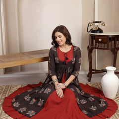 Gulmohar Jaipur Cotton Calf Length Printed 3/4 Sleeve Round Neck Flared Kurta