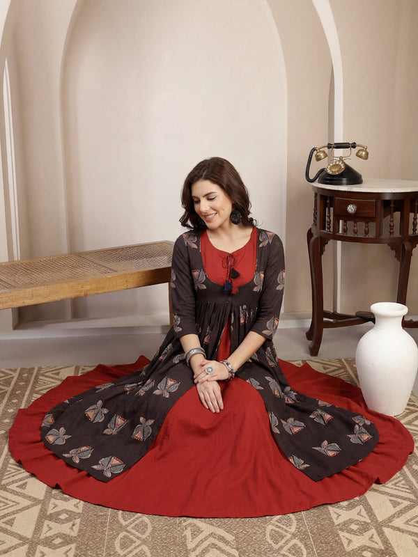 Gulmohar Jaipur Cotton Calf Length Printed 3/4 Sleeve Round Neck Flared Kurta