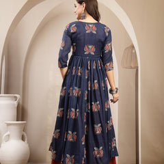 Gulmohar Jaipur Cotton Calf Length Printed 3/4 Sleeve Round Neck Flared Kurta
