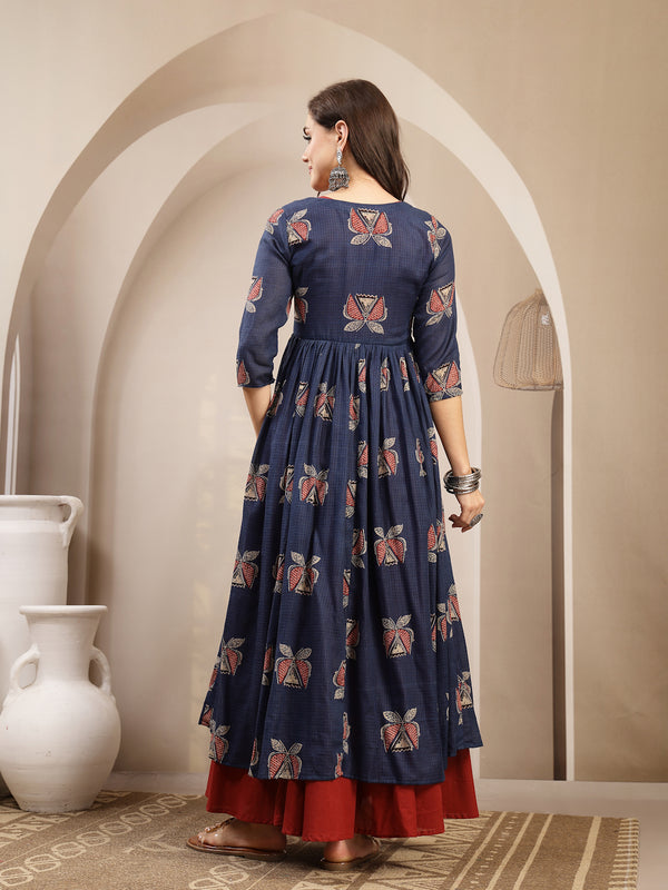 Gulmohar Jaipur Cotton Calf Length Printed 3/4 Sleeve Round Neck Flared Kurta