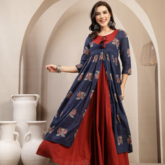 Gulmohar Jaipur Cotton Calf Length Printed 3/4 Sleeve Round Neck Flared Kurta