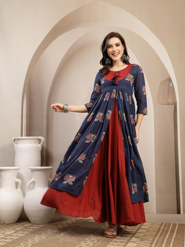 Gulmohar Jaipur Cotton Calf Length Printed 3/4 Sleeve Round Neck Flared Kurta