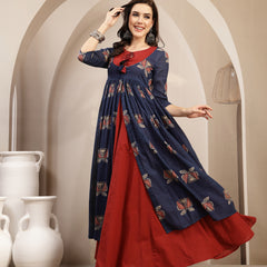Gulmohar Jaipur Cotton Calf Length Printed 3/4 Sleeve Round Neck Flared Kurta
